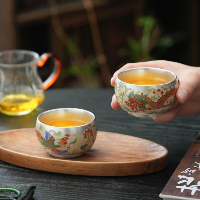 Silver Dragon & Phoenix Luohan Tea Cup: 999 Silver, Gilded, High-Grade Gift, Household Host's Cup