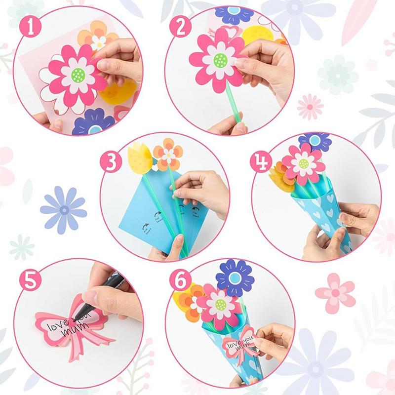 Mothers Day Flower Greeting Card Paper Mothers Day Card Flower Bouquet Craft Kit Handmade 12 Pieces Cardstock Smooth Paper Toy