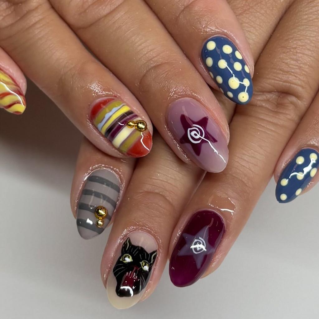 24PCS Playful Retro Almond Stick on Fake Nails Colorful Swirl Stripes with Checkered Patterns Short Oval False Nails Sweet Cool