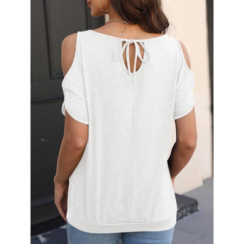 Fashion Off Shoulder Women T-shirt Loose Bat Short Sleeved Casual Top Casual Solid Color Shirts Ladies Lace-up Sweet Basic Tees O Neck Clothing