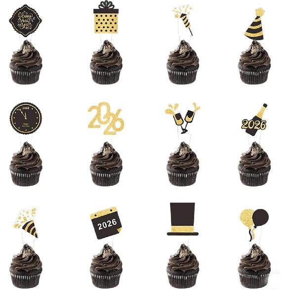 2026 Happy New Year Banner, Black and Gold Party Decorations New Year's Day Gala Party Decorations and Hanging Ornaments