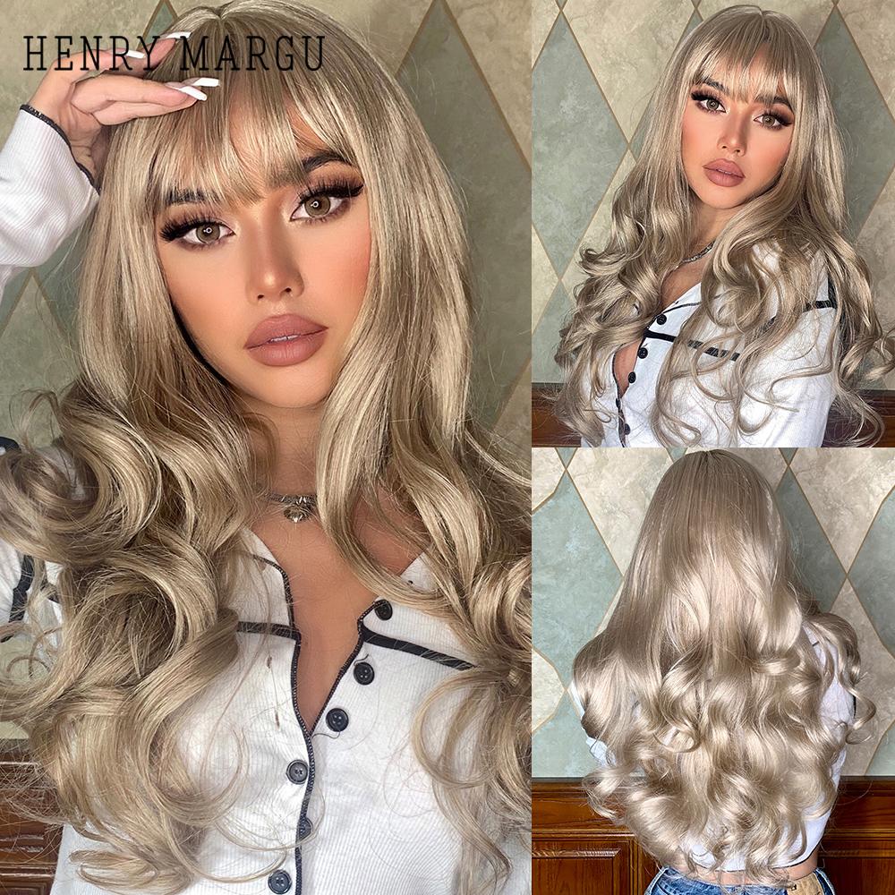 HENRY MARGU Ilgi vandens banguoti sintetiniai perukai nuo rudos iki blondinės spalvos Ombre perukai su kirpčiukais moterims vakarėliams Cosplay karščiui atsparūs perukai