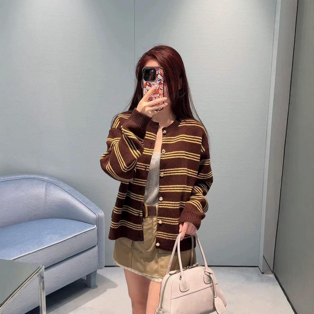 European Retro Autumn Logo Stripe Soft Texture Long Sleeve Sweater Cardigan for Women