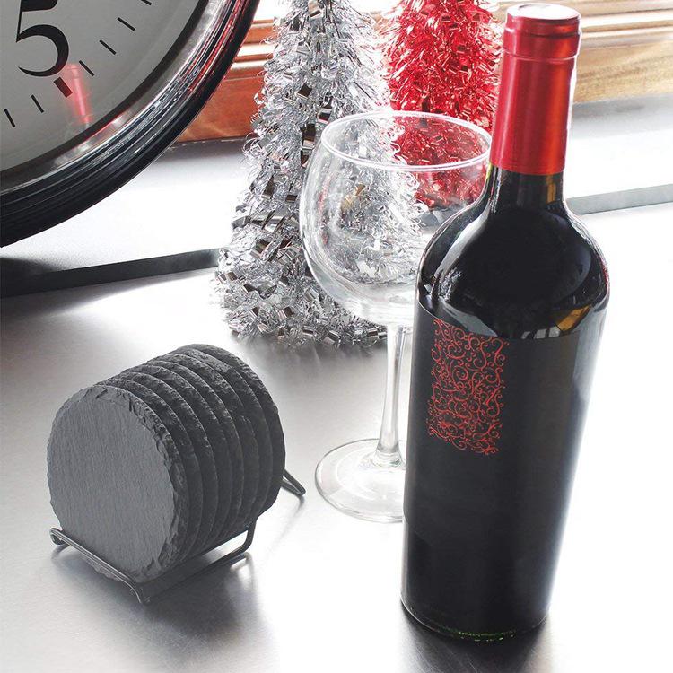 Black Round Slate Coasters: Stone Heat-Resistant Mats for Cups & Tea Trays