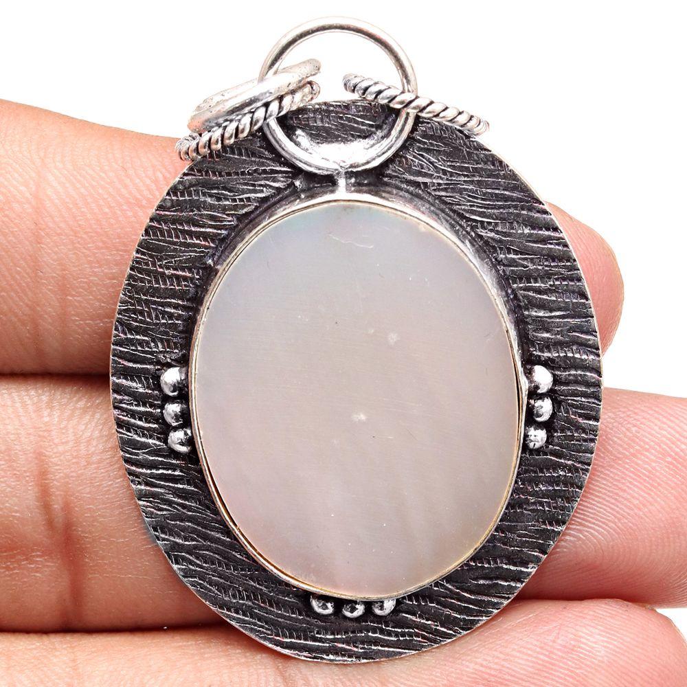 Pendant Mother Of Pearl Gemstone Mother'Day Gift Silver Jewelry 2"