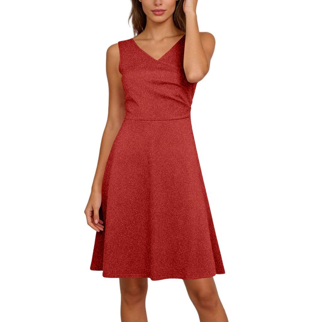 Women Elegant Sleeveless Wrap V Neck A-Line Dress