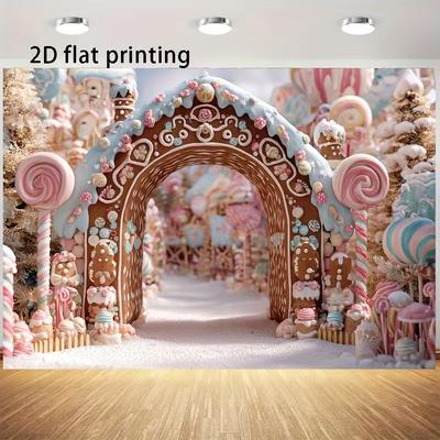 2D Candy Land Backdrop, Winter Gingerbread Arch Background Cloth for Baby Shower & Christmas Party