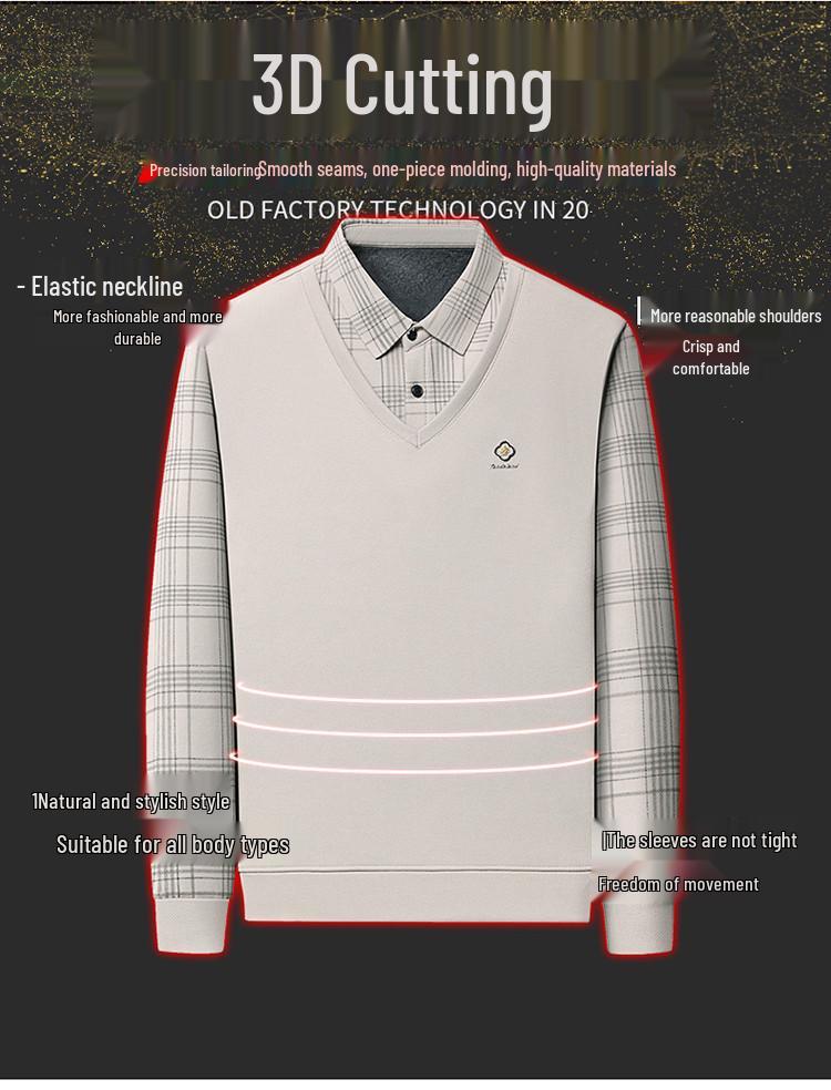 Men's Autumn/Winter Faux Two-Piece Fleece Polo Base Layer Shirt