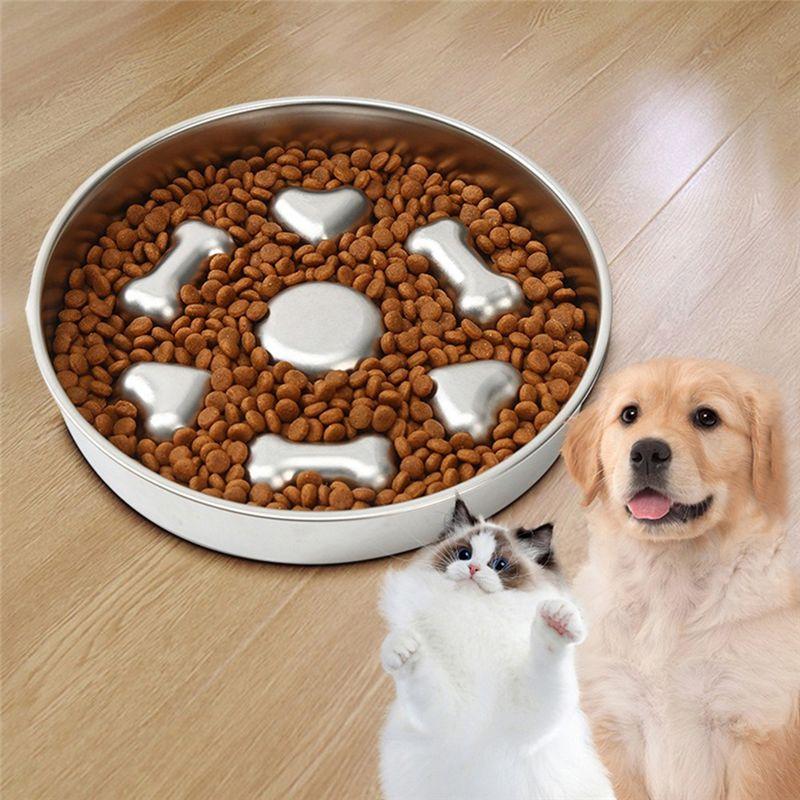 A74E-Stainless Steel Slow Feeder Bowl Anti-Slip Base-For Dogs And Cats Compatible Round