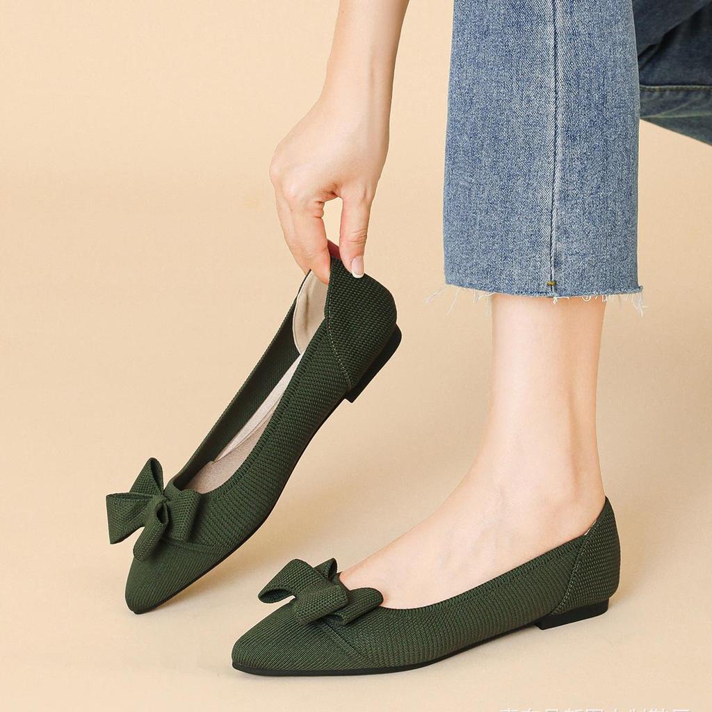 Punta Appuntita Bocca Bassa Tessuto Fondo Piatto Donna Fiocco Lavorato a Maglia Fondo Morbido Scarpe Grandi Taglia 34-43
