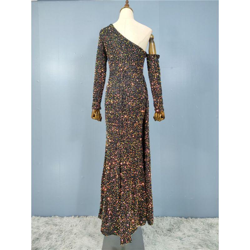 Export Single Sexy Banquet Party Fashion Shiny off-the-Shoulder Long Sleeves Sequin Waist Retro Diagonal Collar Jumpsuit Dress