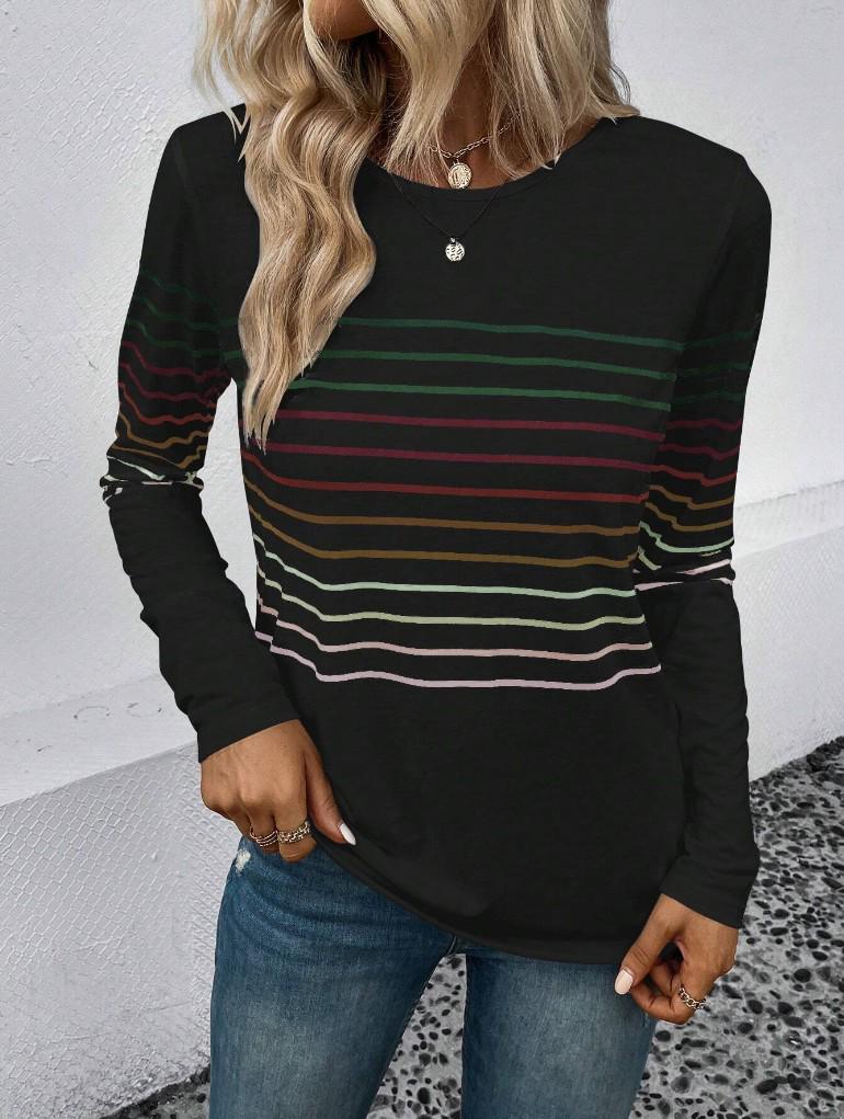 Autumn/Winter 2023 Women's Striped Crew Neck Long Sleeve T-shirt - European and American Fashion.