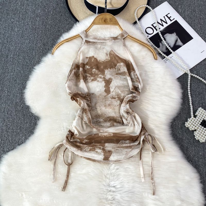 

Принт тушью в китайском стиле, топ-халтер на тонких бретелях, женская верхняя одежда в западном стиле, приталенный крой, стройнящий и короткий топ на кулиске, лето Brown One size