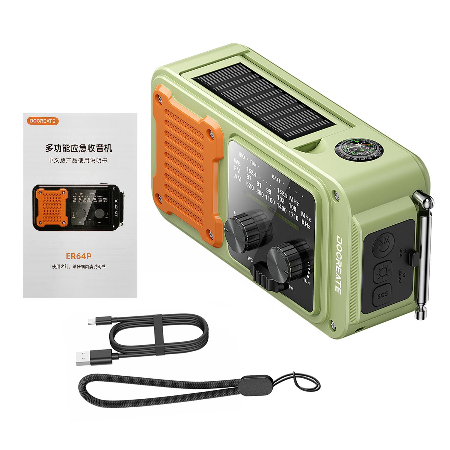 

7 in 1 Multifunctional Emergency Radio AM/FM/WB 5V2A Type-C Charging Hand Crank Solar Power,Flashlight Reading Light Power Bank зелений