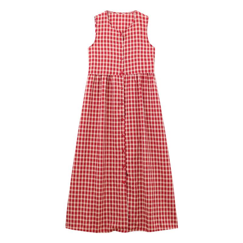 

Sweet and spicy red plaid sleeveless vest dress women s spring new loose single-breasted lazy style long dress XL червоний