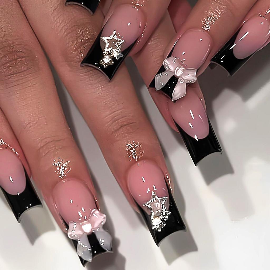 Nude Resin Nail Extension with Black Tip Sweet & Charming Reusable False Nails for Hot Girl Dress Matching
