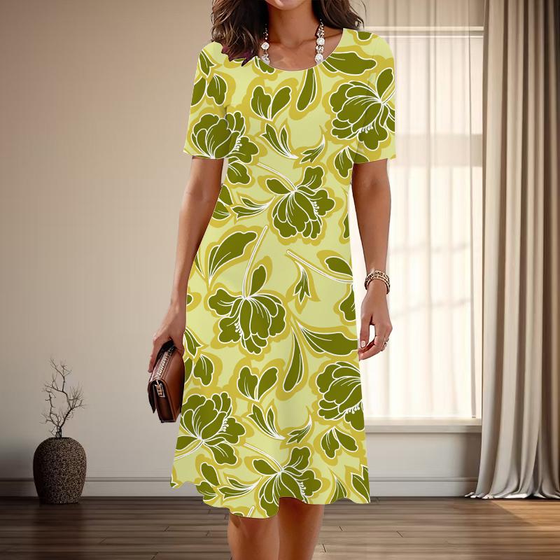 Moda damska Elegancki kwiatowy nadruk Lato Wiosna Krótki rękaw O-Neck Sukienki casualowe