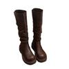 Cowhide version! Pleated stacking boots can be folded in two, brown boots, thick heels and thick soles, but knee knight boots.