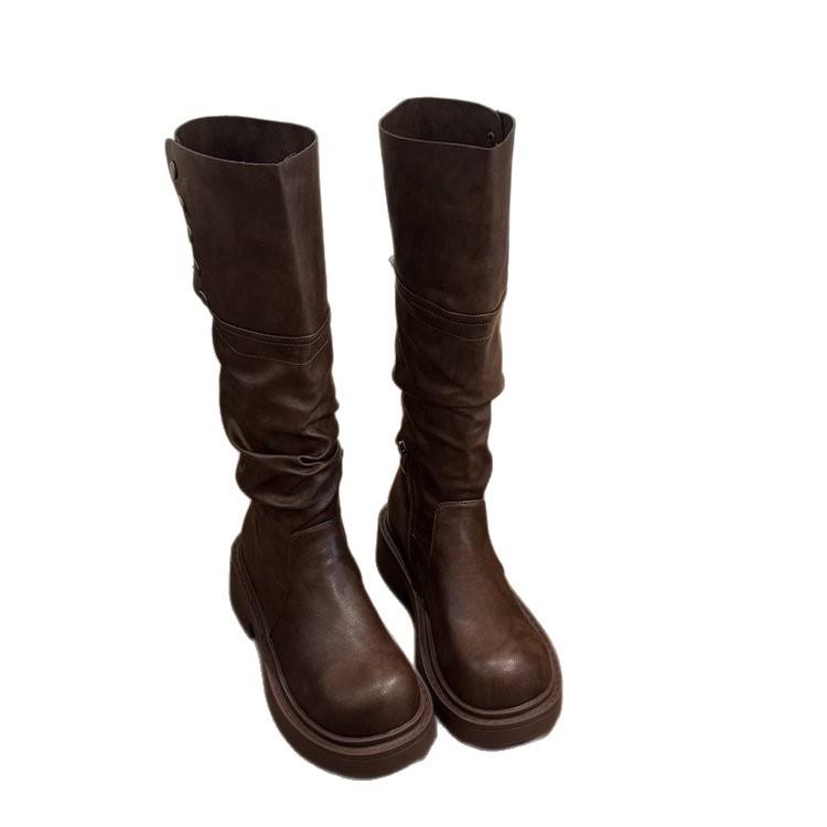 Cowhide version! Pleated stacking boots can be folded in two, brown boots, thick heels and thick soles, but knee knight boots.