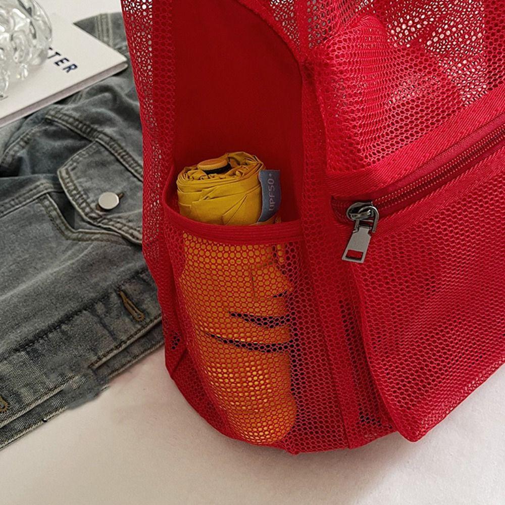 Sweet Korean Style Drawstring Backpack Hollow Portable Nylon Backpack Shoulder Bag Solid Color Mesh Beach Bag Outdoor