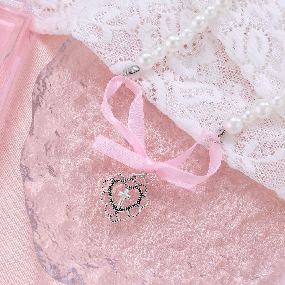 Cute Romantic Pink Bowknot Pearl Beaded Heart Crystal Cross Pendant Necklace for Women Charm Sexy Y2K Collar Jewelry Accessory