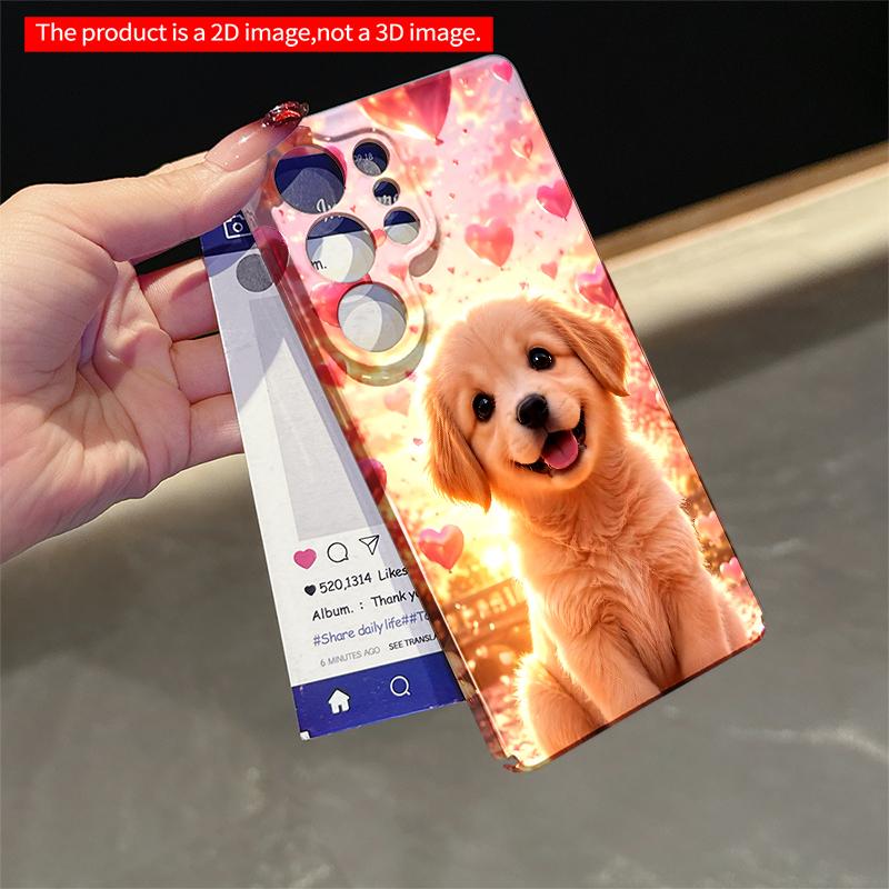 2DFlat Samsung phone case Golden Puppy Amid Floating Hearts and Cherry Blossoms Applicable to Galaxy S22 S23 S24 S25ULTRA S26 A12 A13 A14 A15 A16