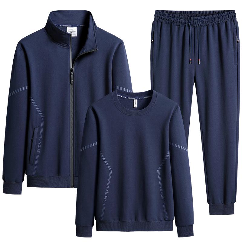 Men's Plus Size Spring Cotton Sportswear: Casual, Breathable Three-Piece Set with Running Cardigan and Round Neck