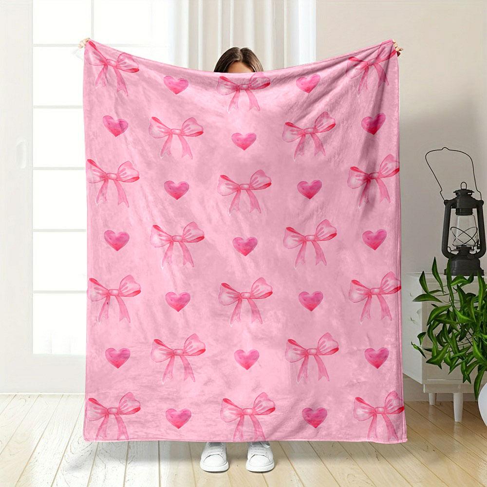 Pink Bow Heart Blanket Bedroom Blanket for Livingroom Couch Lunch Break Soft Throw for Friend's Festival Gift