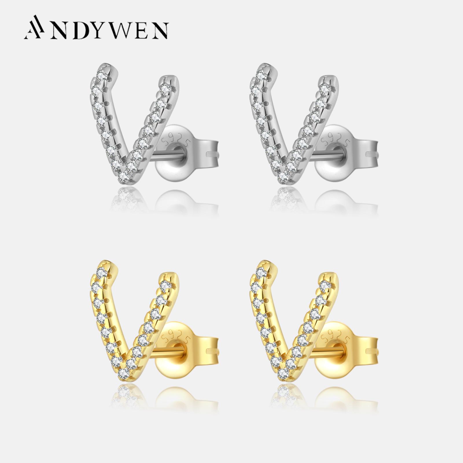 

ANDYWEN 925 пробы серебро золото CZ V-образные серьги для женщин модные украшения M
