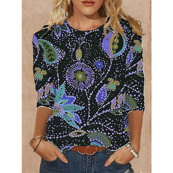 Spring and Autumn Round Neck 3D Floral Paisley Printed T-shirts Fashionable Casual Long Sleeved Women's T-shirts