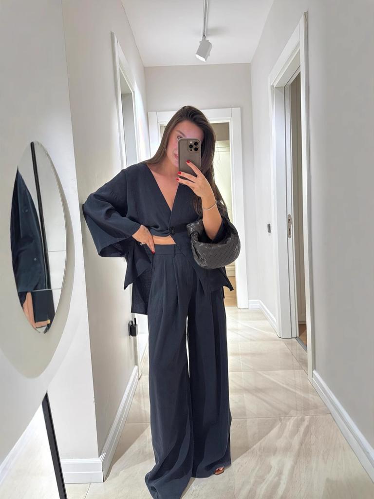 Black Deep V Neck Knitted Top and Wide Leg Pants Set