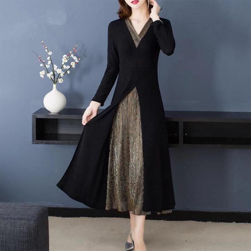 Temperamento di fascia alta Finto due pezzi Vita sottile Slim Taglie forti Abito Cheongsam Maniche lunghe Spacco Gonna lunga Paillettes