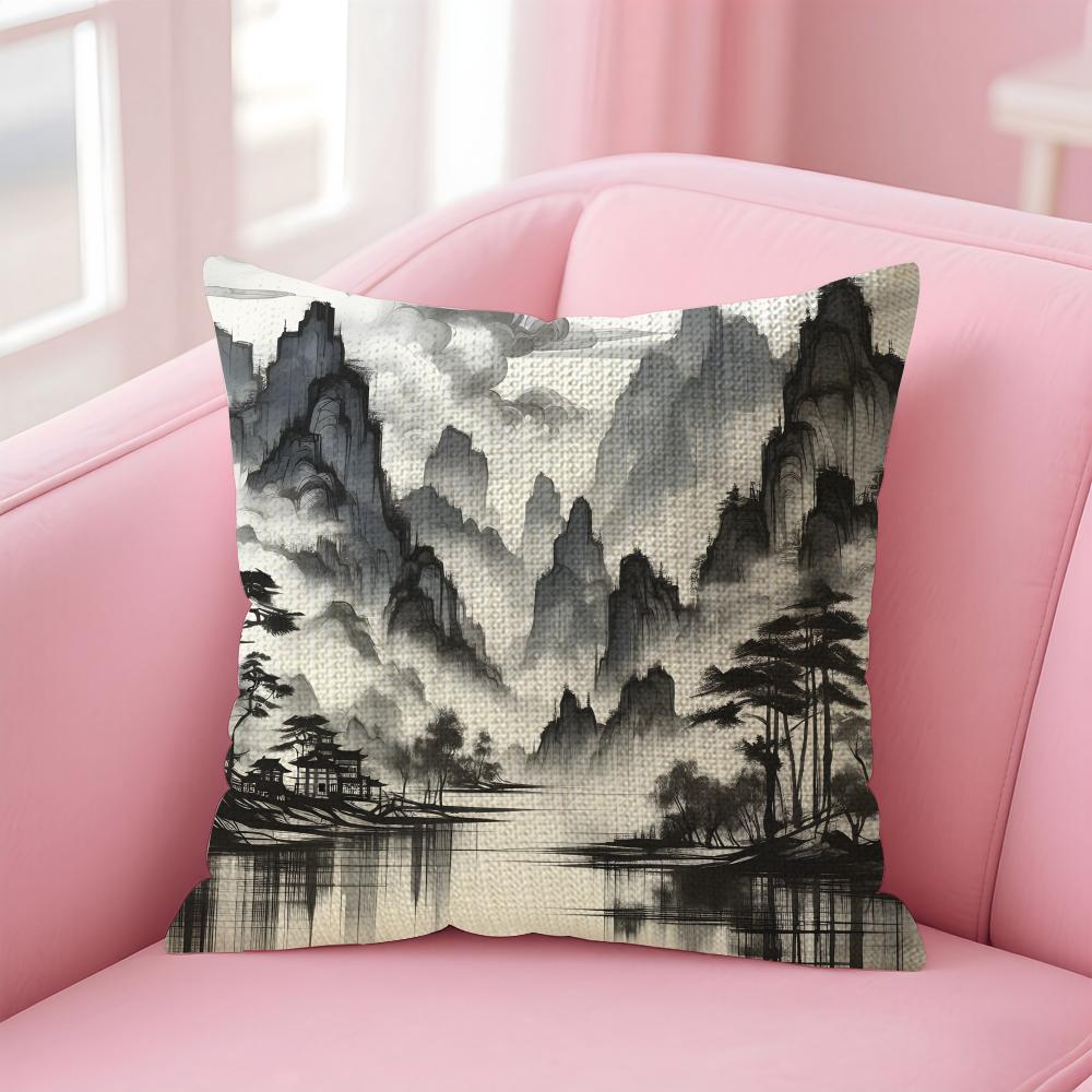 Ink Painting Chinese Style Cushion Cover Natural Linen Pillow Case DoubleSided Print Decorative Sofa Pillowcase Home Decor Gift