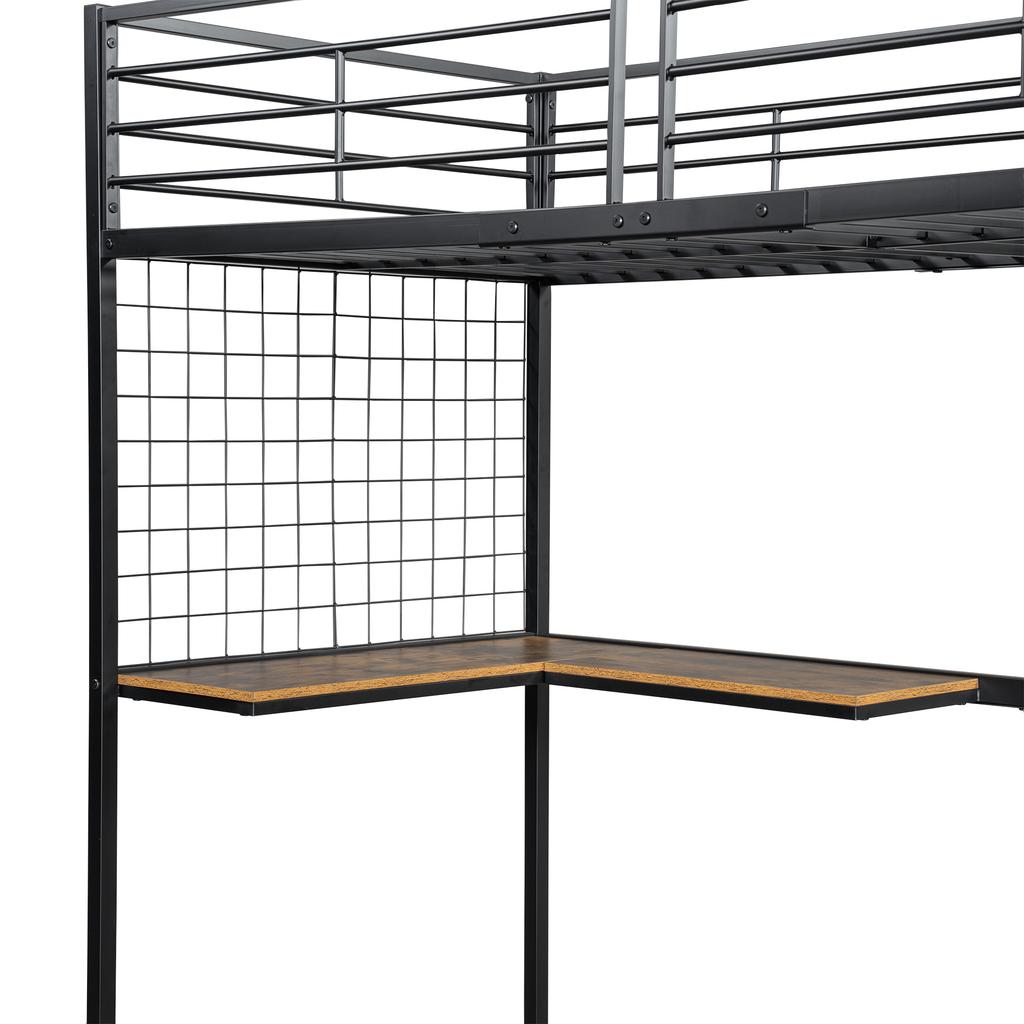 [32552890SAA] Iron Bed, Bunk Bed, Loft Bed, with Desk and Wardrobe, Side Ladder with Handrail, Iron+Chipboard, Black+Dark Wood Color, 90x200cm