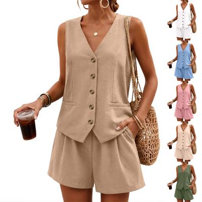 Women's V Neck Single Breasted Sleeveless Vest and High Waist Shorts Casual Two Piece Set with Pockets and Button Closure