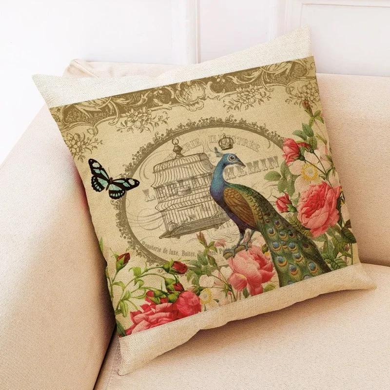 Retro Flower And Bird Design Linen Pillowcase Car Seat Cushion Cover Decorative Living Room Sofa 45*45Cm