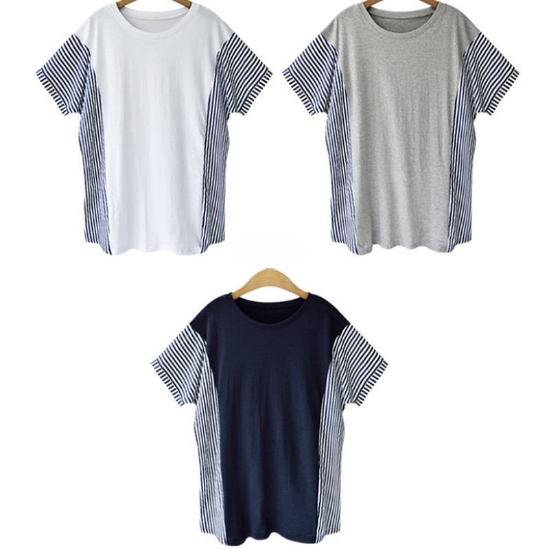 Summer Casual Pinstripe Striped Patchwork T-Shirt Round Necked T-Shirt Classic-Fit Short Sleeve T-Shirt for Female Women's Commuter Fashion T-Shirt