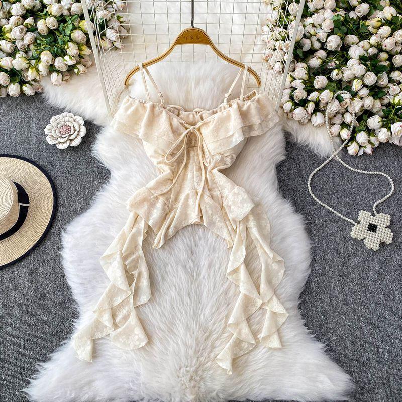 

French style Temperament Frill off-Shoulder Sling Top Women 2025 New Irregular Jacquard Slim fit Slimming Shirts Apricot color One size