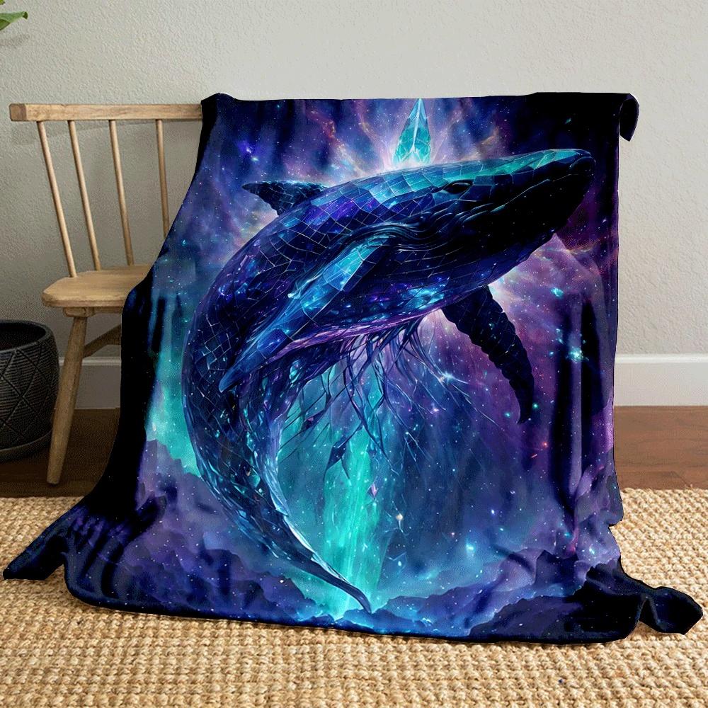 A cosmic whale made of glowing, geometric crystal patterns in space. for all seasons blanket lunch break throw gift