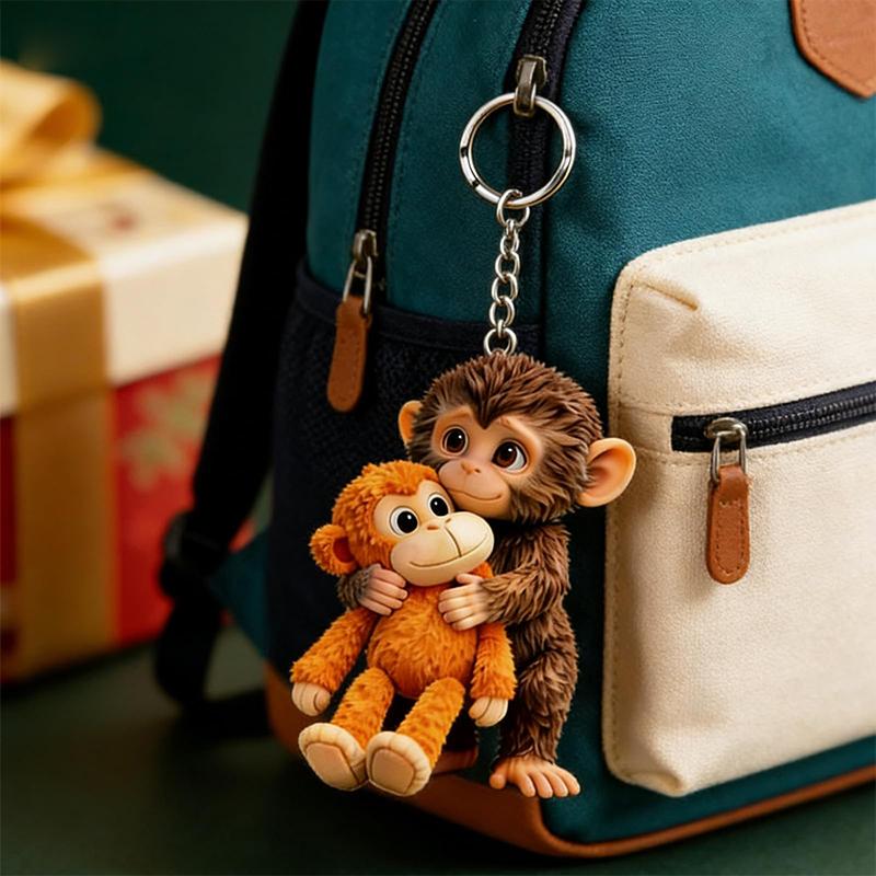 Protect Punch The Monkey Keychain, 3D Cute Monkey Holding Plush Toy Hanging Keychain for Backpack Purse Car Keys Gift
