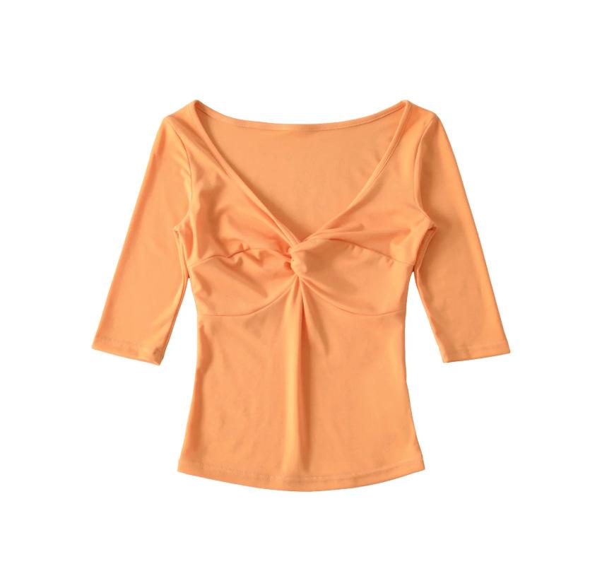 Deep V-Neck Kink Medium Sleeve T-Shirt Women's Summer New American Spice Girl Style Solid Color Slim Skinny Bottom Top
