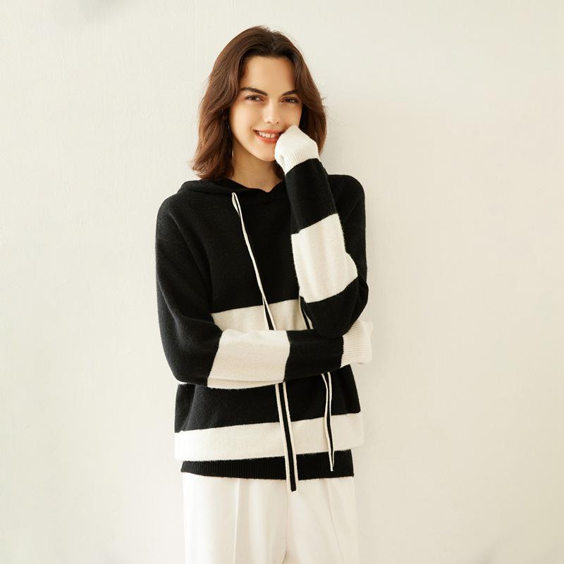 Women's Color Block Cashmere Hooded Pullover - Loose Casual Knitwear Top
