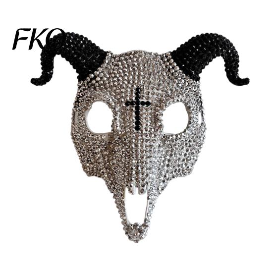 Light Luxury Skull Mask Halloween Rhinestone Full Face Mask, Black White Ram Horn Crystal Studded Masquerade Sparkly Glitter Party for Adults