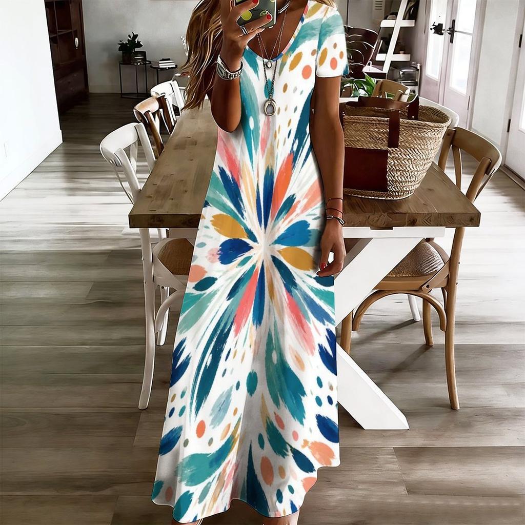 Women Plus Size V Neck Short Sleeve Printed Straight Maxi Dress