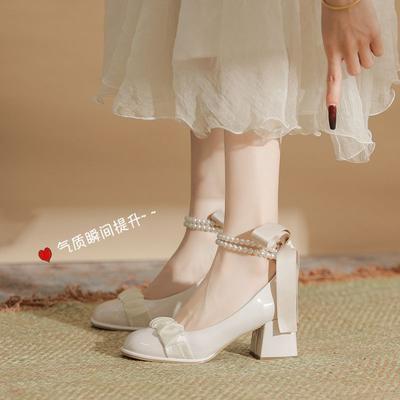 White High Heels Thick Heel Single Shoes Women's 2025 New Versatile Cheongsam Bridesmaid Shoes Daily Wear Mary Jane Shoes