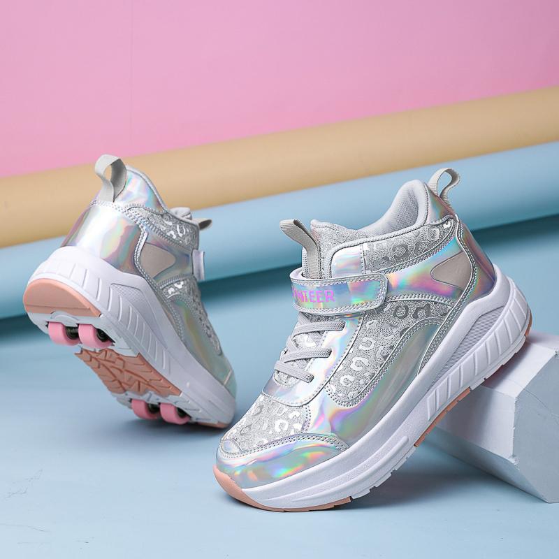 

Детская/подростковая деформированная обувь для мальчиков и девочек Четырехколесные роликовые коньки двойного назначения Двухрядные роликовые коньки Роликовые коньки 32 серебряный/розовый