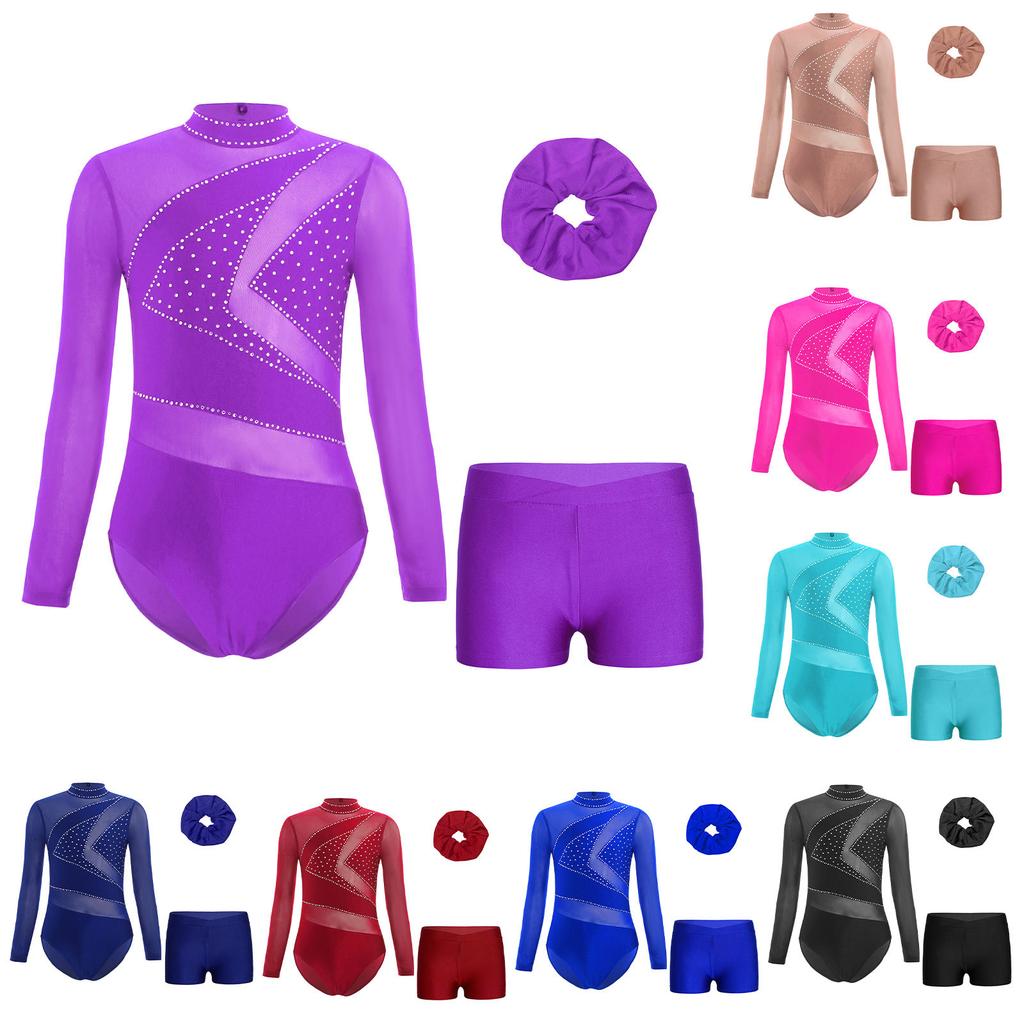 Girls Mesh Long Sleeve Cutout Back Sparkly Rhinestone Leotard V Front Waistband Shorts Hairband Gymnastics Set