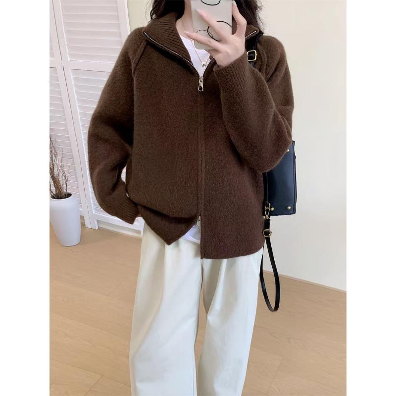 Autumn and Winter New Casual Simple Zipper Stand-up Neck Knitted Cardigan Women's Clothing Loose and Thin Versatile Sweater Jacket
