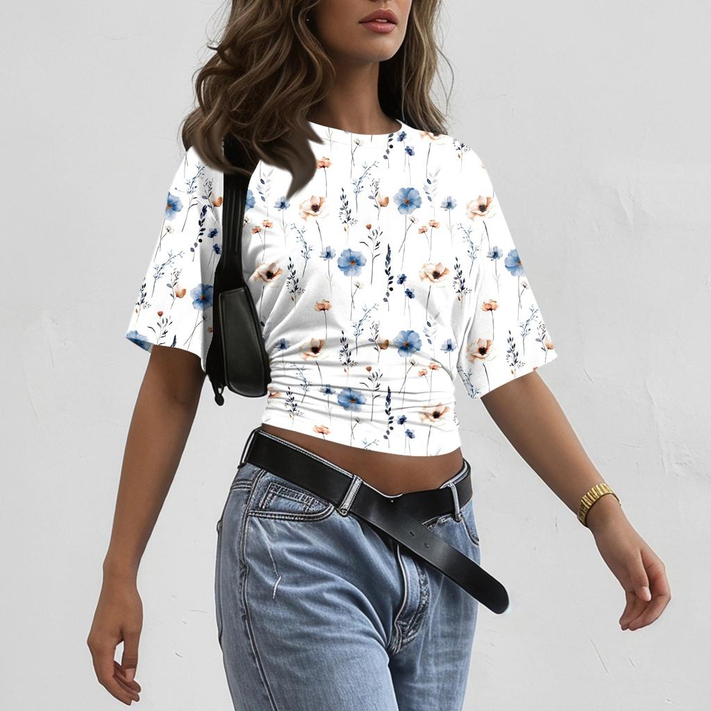 Women Round Neck Pullover Short Sleeve T Shirt Floral Print Loose Fit Casual Top for Everyday Wear