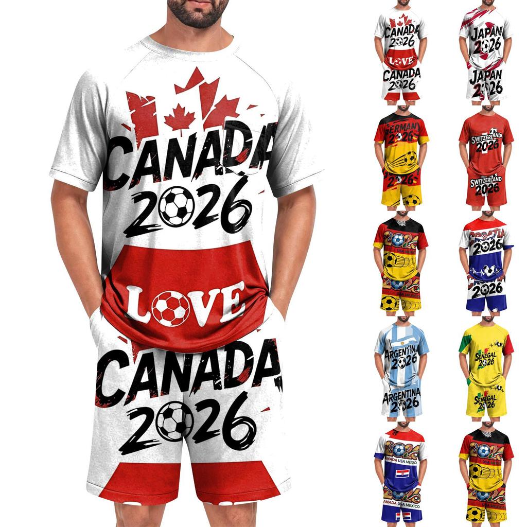 Men's Short Sleeve Top and Shorts Set Lightweight Soft Fabric Casual Sleepwear Printed Sports Style Lounge Pajama Set for Summer